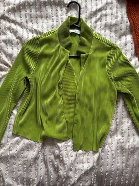 Bershka Lime Green Pleated Button-Down Top